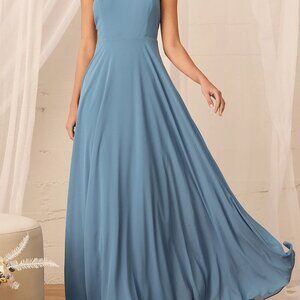 Lulus Mythical Kind of Love Slate Blue Maxi Dress Criss Cross Back Gown Sz M